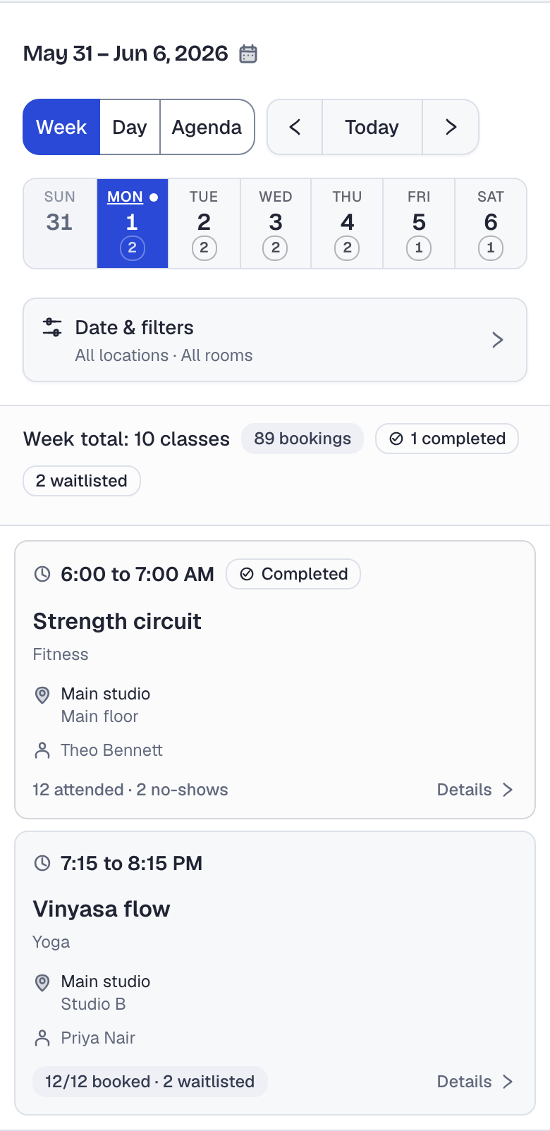 The staff calendar for one week at Example Studio: 10 classes, 89 bookings, 2 waitlisted. Monday's 6:00 AM Strength circuit is completed with 12 attended and 2 no-shows, and the 7:15 PM Vinyasa flow shows 12/12 booked and 2 waitlisted.