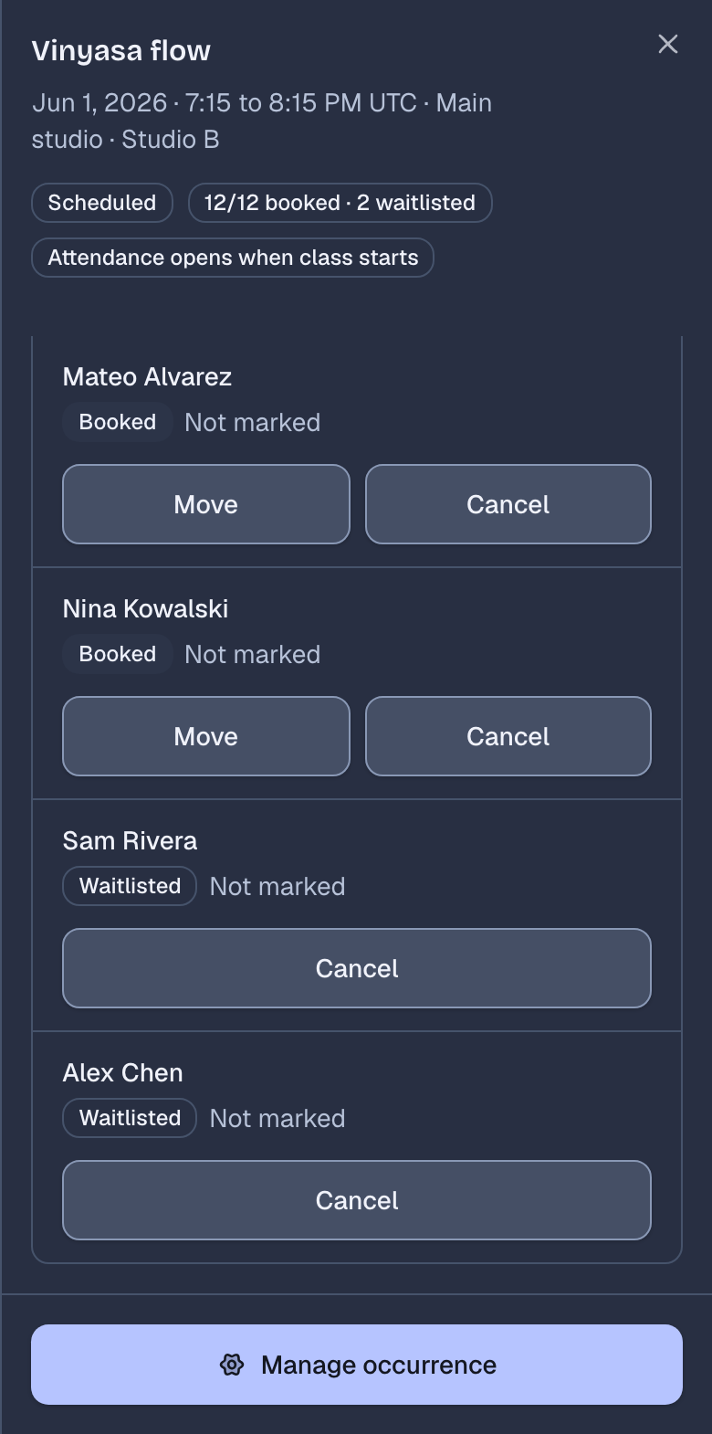The roster of that Vinyasa flow class in Studio B: 12/12 booked and 2 waitlisted. Mateo Alvarez and Nina Kowalski are booked, and Sam Rivera is first on the waitlist.
