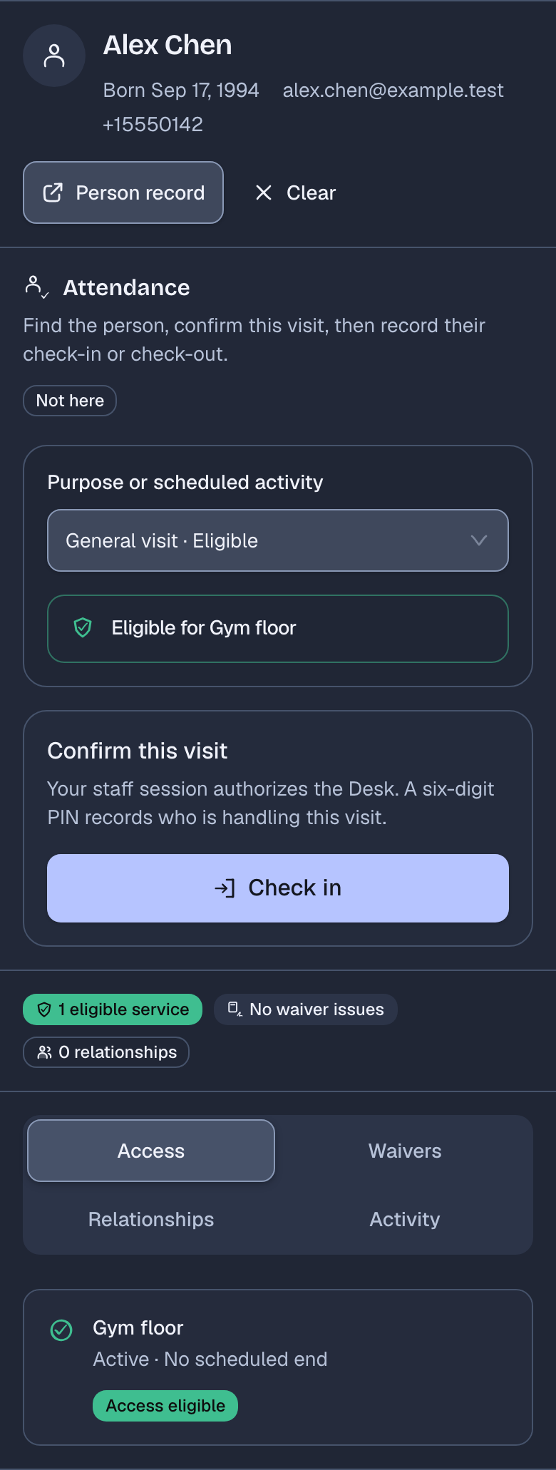 The Desk at Example Studio shows Alex Chen eligible for Gym floor, with General visit selected and Not here. The Check in button is still available, so attendance has not been recorded.