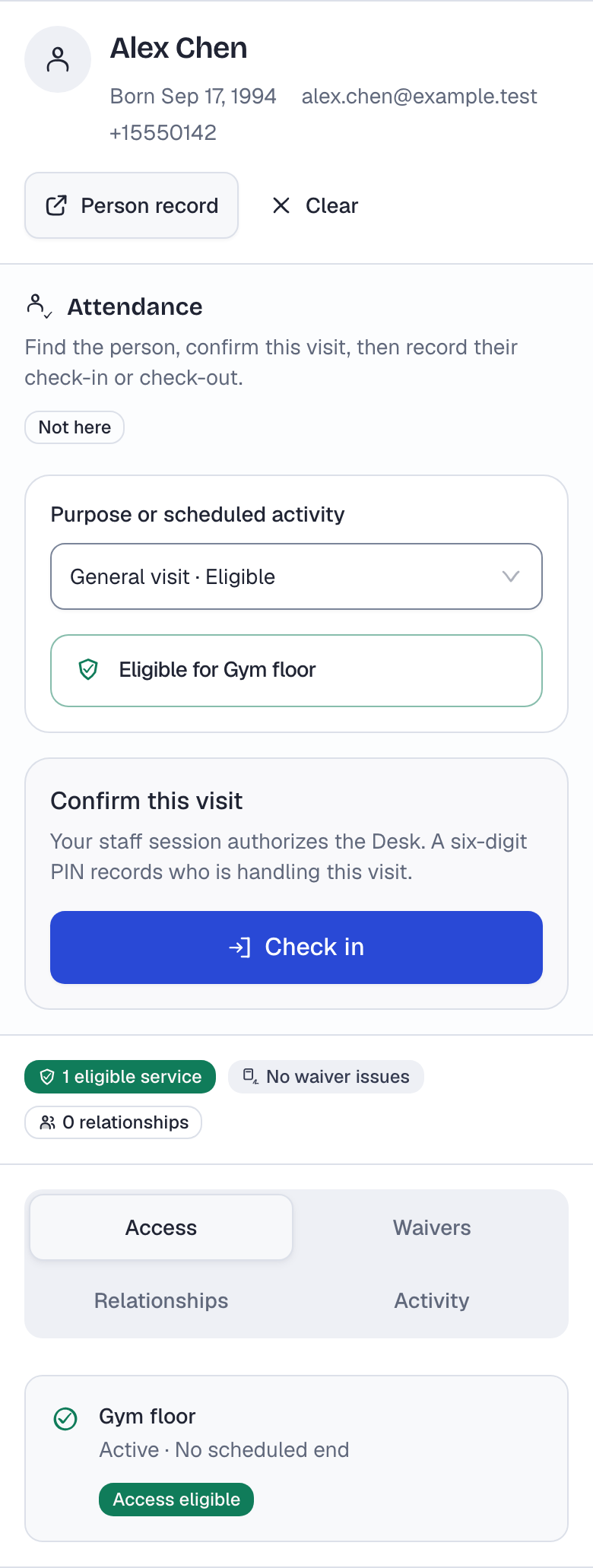 The Desk at Example Studio shows Alex Chen eligible for Gym floor, with General visit selected and Not here. The Check in button is still available, so attendance has not been recorded.