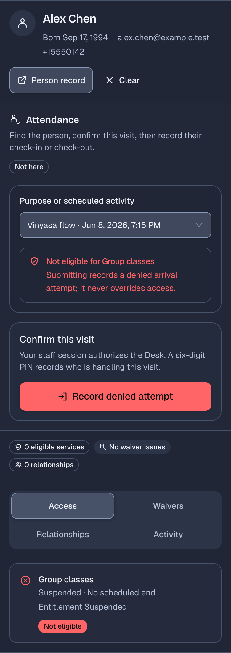 Alex Chen's record at the Desk, with the evening Vinyasa flow class selected. The attendance panel reads Not eligible for Group classes and offers Record denied attempt. Under Access, Group classes is Suspended and marked Not eligible.