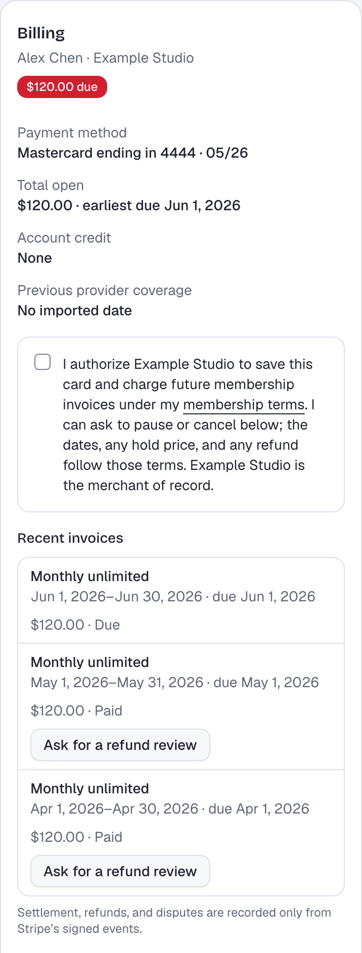The Billing card in Alex Chen's member portal. The saved card is a Mastercard ending in 4444 that has expired, and $120.00 is open. Under Recent invoices, the new Monthly unlimited invoice is due, and the two before it are paid.