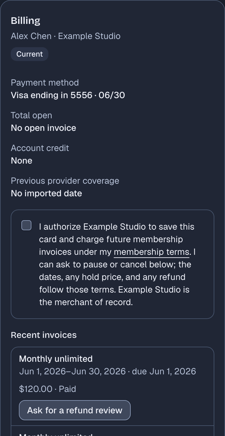 Alex's Billing card after the payment settles. It shows the new saved card and No open invoice, and under Recent invoices the Monthly unlimited invoice reads $120.00, Paid.
