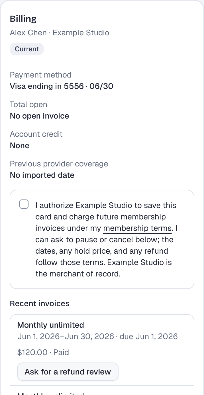 Alex's Billing card after the payment settles. It shows the new saved card and No open invoice, and under Recent invoices the Monthly unlimited invoice reads $120.00, Paid.